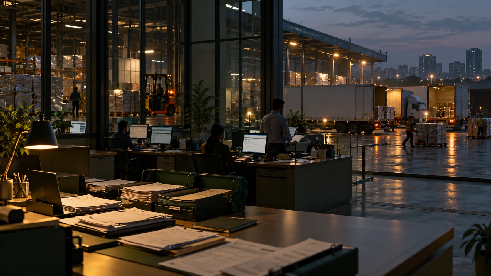 A freight operations team working beside an active logistics warehouse at dusk